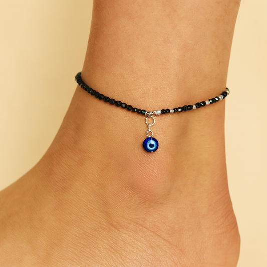 Evil Eye Beaded Silver Anklet