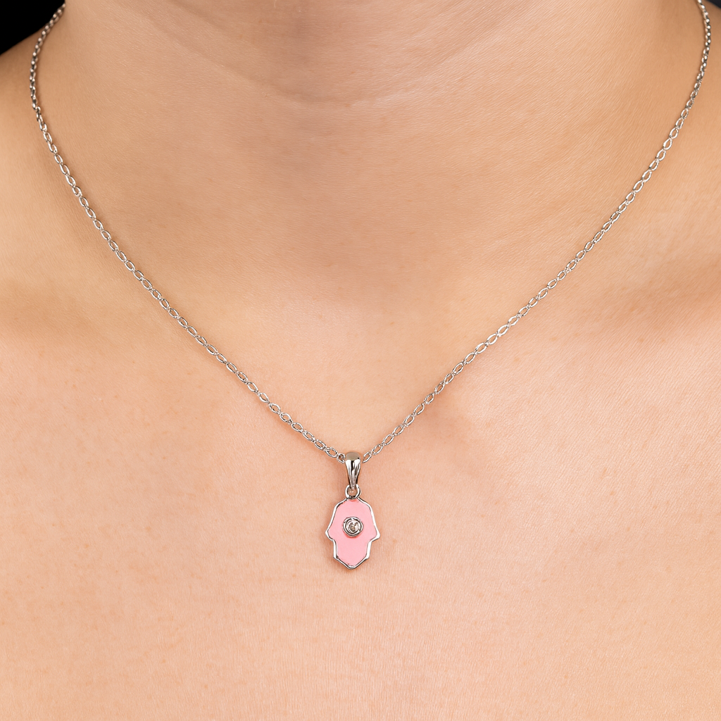 Pink Hamsa Silver Pendant
