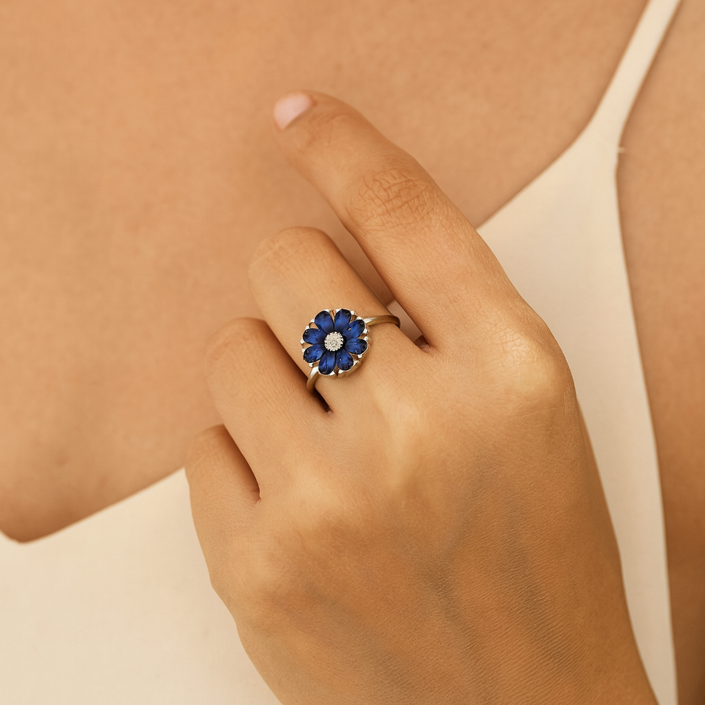 Blue Floral Silver Finger Ring