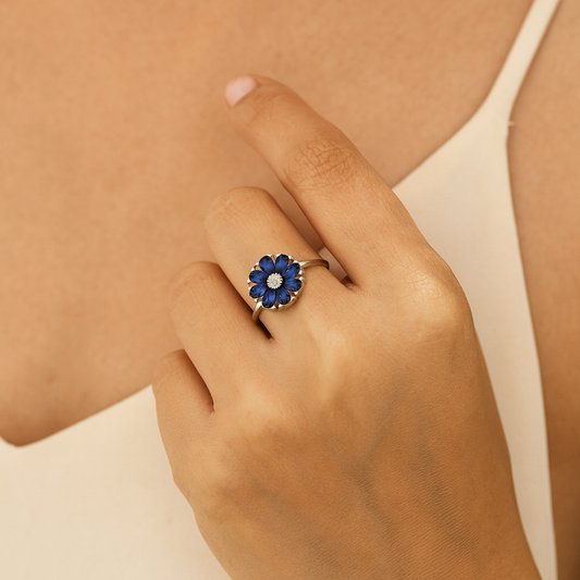 Blue Floral Silver Finger Ring