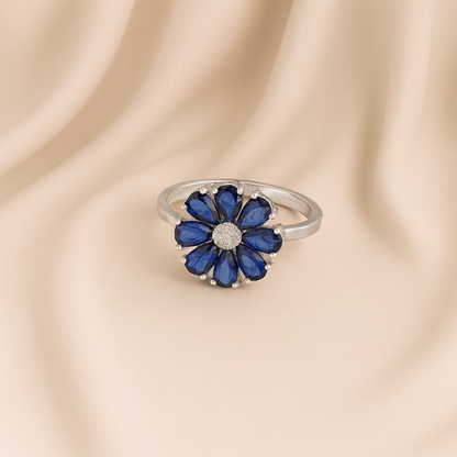 Blue Floral Silver Finger Ring