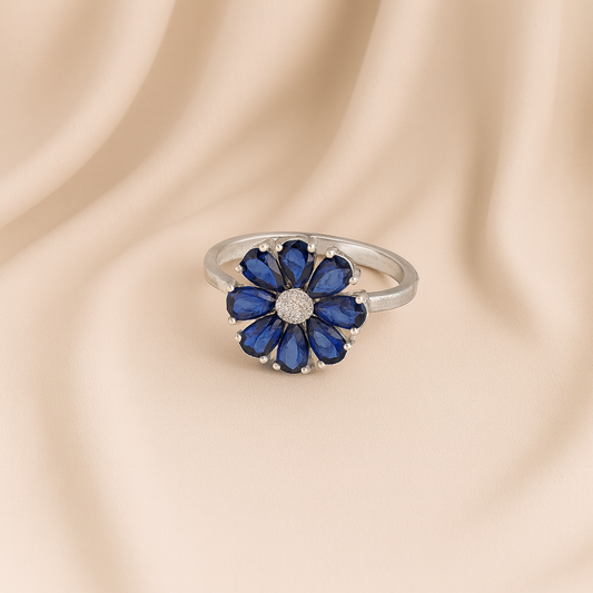 Blue Floral Silver Finger Ring