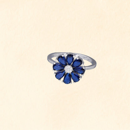 Blue Floral Silver Finger Ring