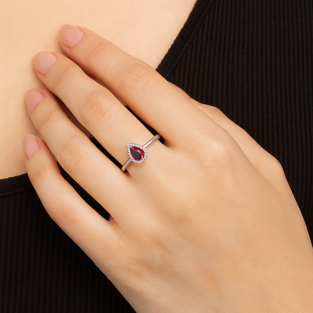 Red Teardrop Silver Finger Ring