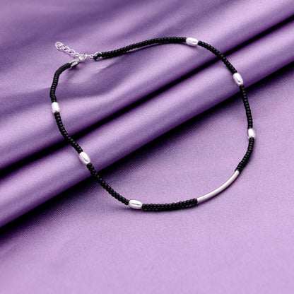 Silver Tube Black Bead Anklet