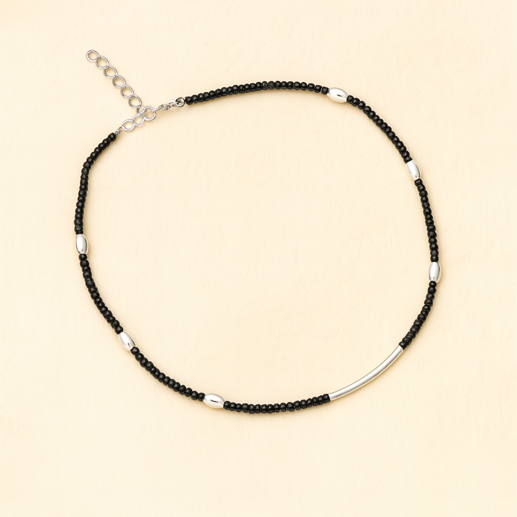 Silver Tube Black Bead Anklet