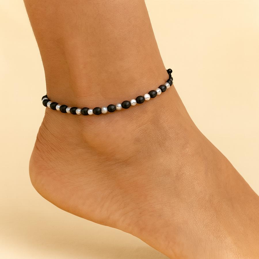 Adjustable Beaded Silver Anklet
